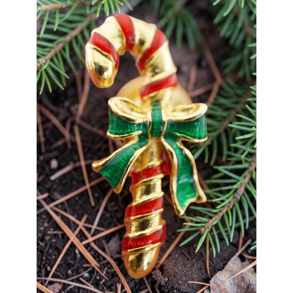 PT Candy Cane Pin Small 1.25" Gold Tone Red Green Enamel Holiday Tie Tack